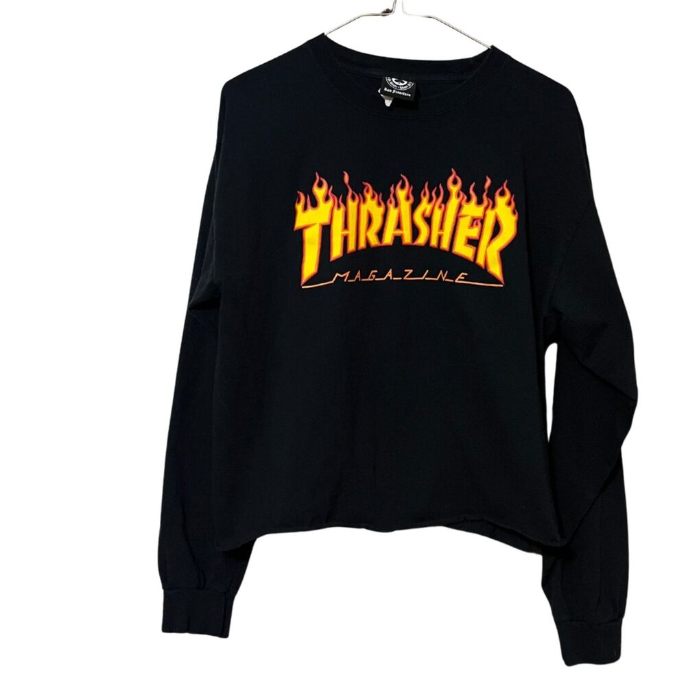 THRASHER MAGAZINE LONG SLEEVE ROLLED HEM BLACK T-SHIRT UNISEX SIZE LARGE